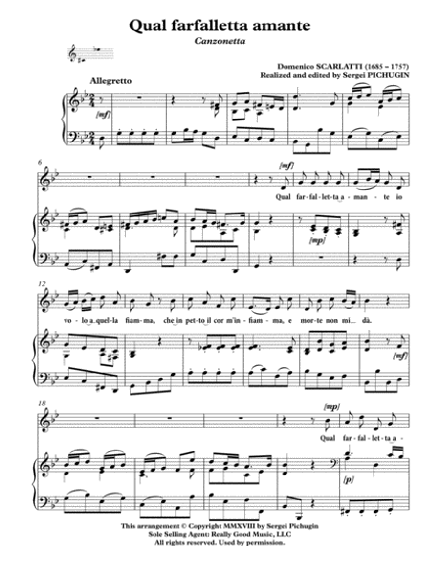 SCARLATTI, Domenico: Qual farfalletta amante, canzonetta for Voice and Piano (G minor) Medium Voice scores gallery preview page 3