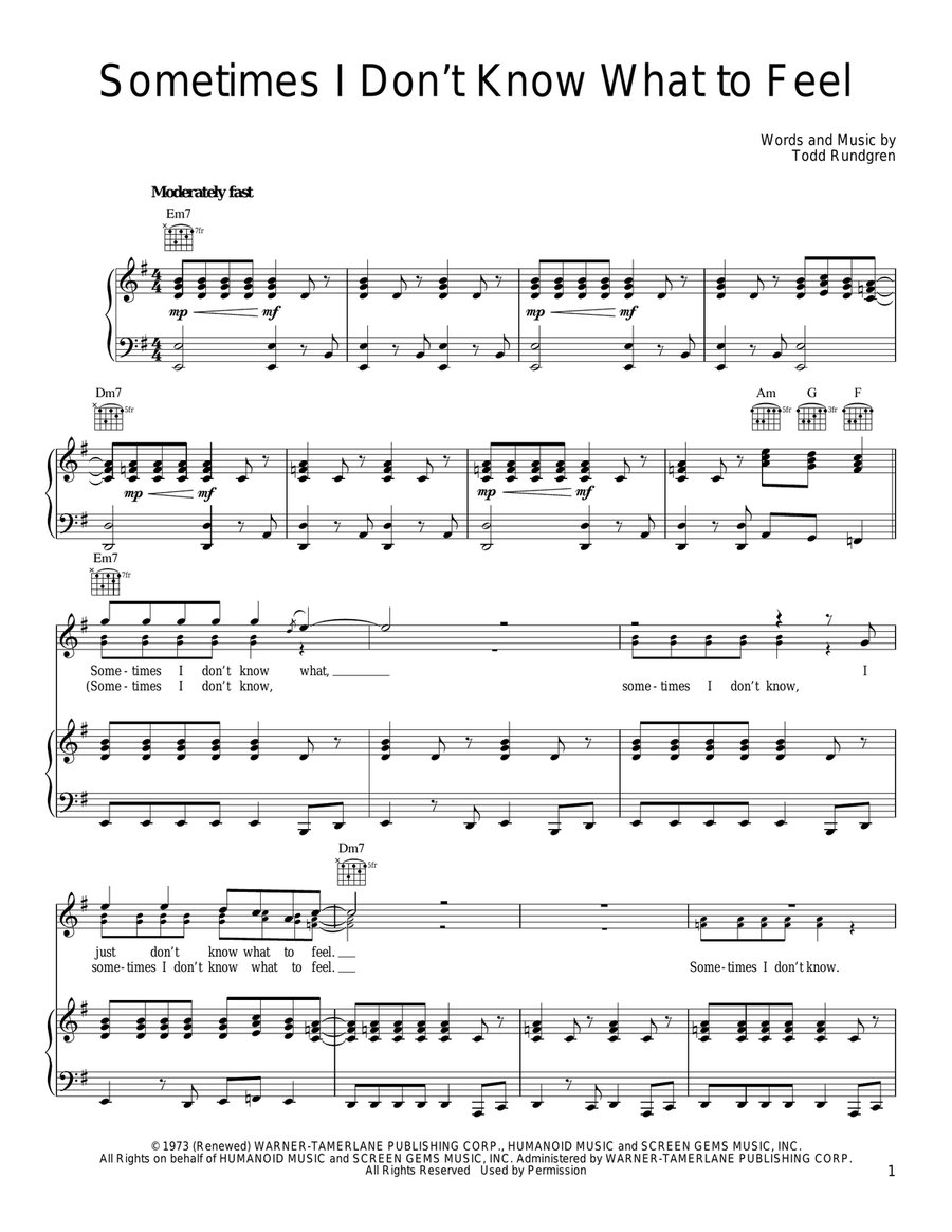 Sometimes I Don't Know What To Feel Piano, Vocal, Guitar scores gallery preview page 1