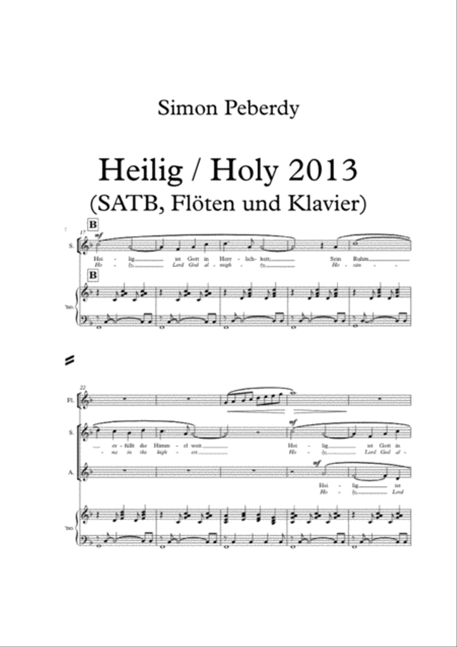 Sanctus / Holy / Heilig 2013 in F (Eng & Gm) for SATB choir, piano and flutes (rhythmic setting) 4-Part scores gallery preview page 1