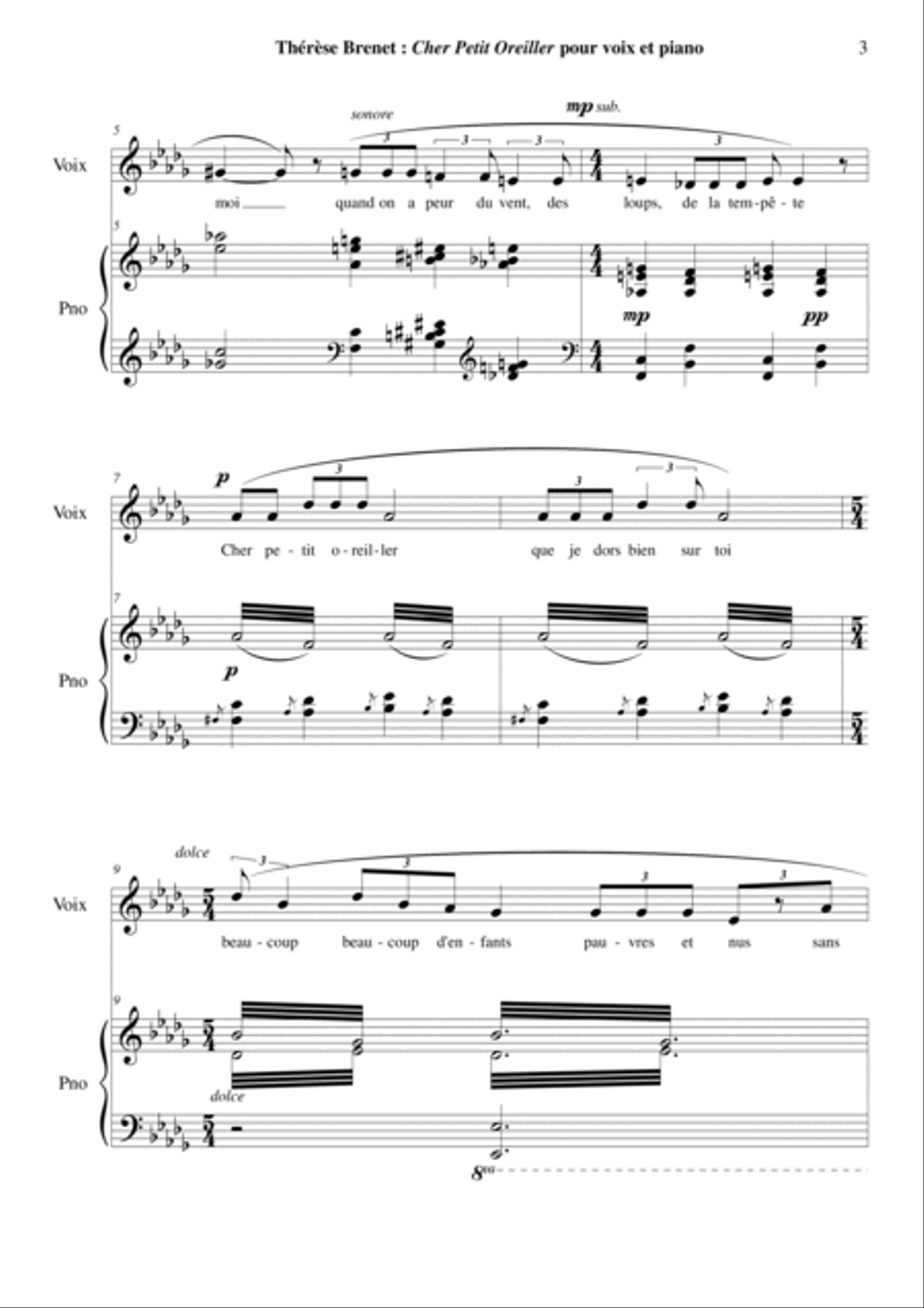 Therese Brenet : Cher Petit Oreiller for medium voice and piano Medium Voice scores gallery preview page 3