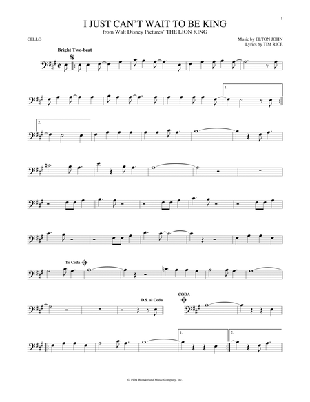 I Just Can't Wait To Be King (from The Lion King) by Tim Rice Cello Solo - Digital Sheet Music