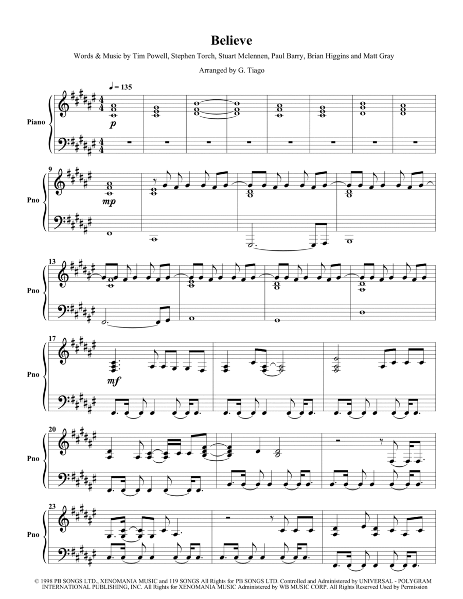 Believe Piano Solo scores gallery preview page 1