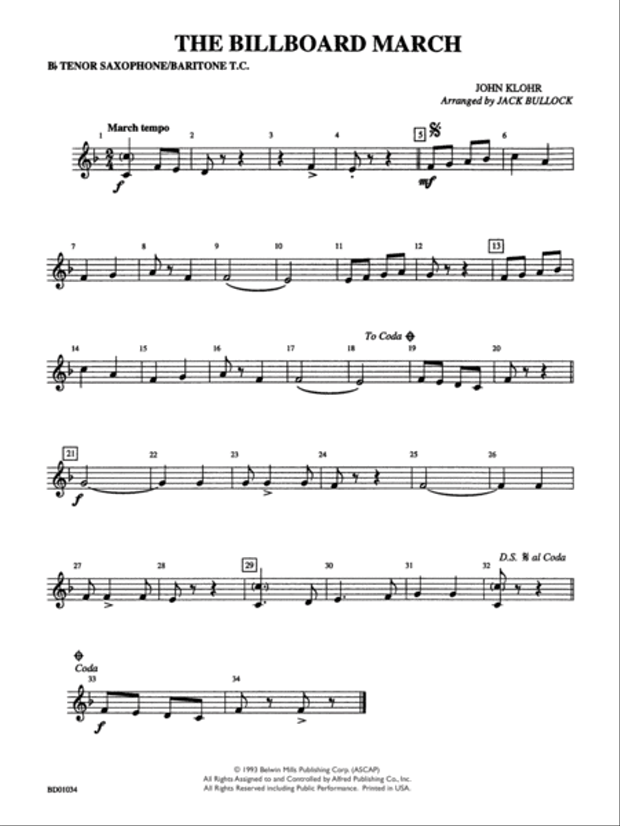 The Billboard March: B-flat Tenor Saxophone Concert Band scores gallery preview page 1