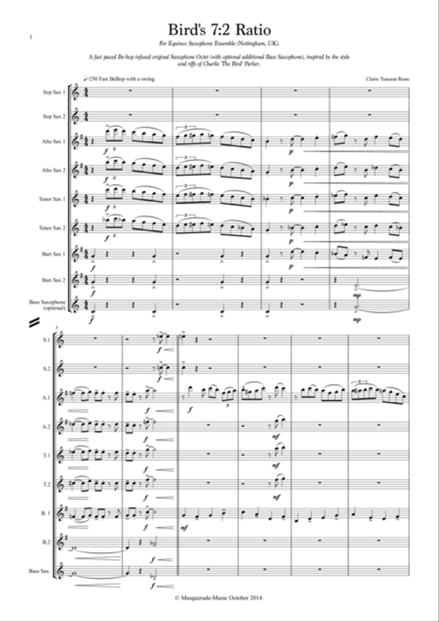 Bird's 7:2 Ratio Saxophone Octet (with optional Bass Sax) Woodwind Ensemble scores gallery preview page 1