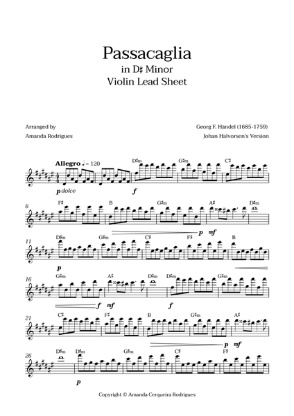 Passacaglia - Easy Violin Lead Sheet in D#m Minor (Johan Halvorsen's Version) image number null