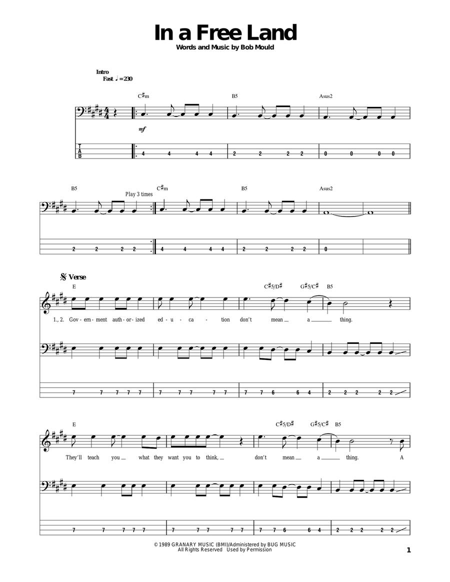 In A Free Land Bass Guitar Tablature scores gallery preview page 1