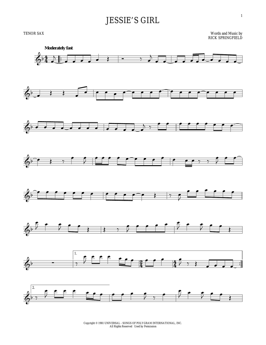 Jessie's Girl Tenor Saxophone scores gallery preview page 1
