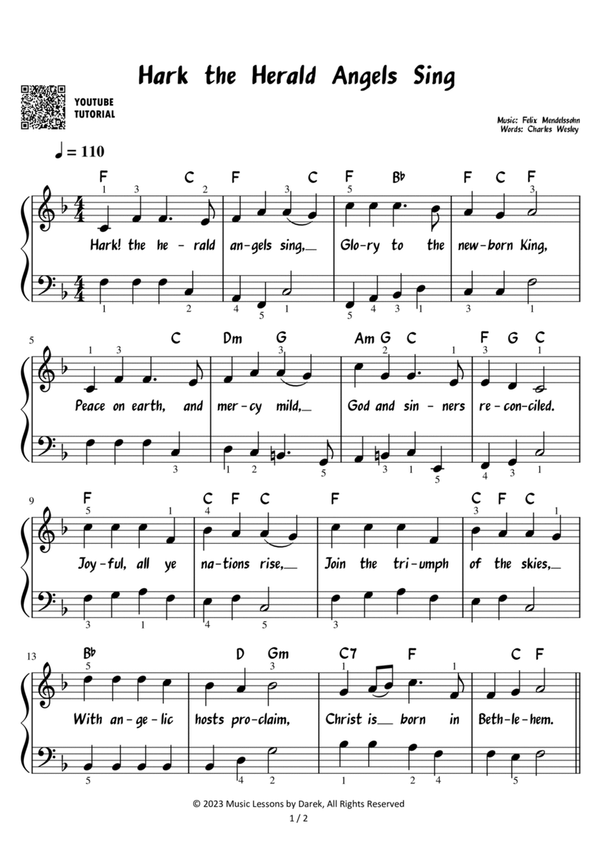 Hark the Herald Angels Sing - Christmas Carol [EASY PIANO] image number null