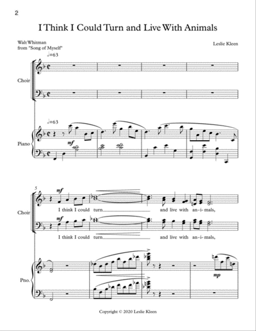 I Think I Could Turn and Live With Animals for SATB voices and Piano image number null