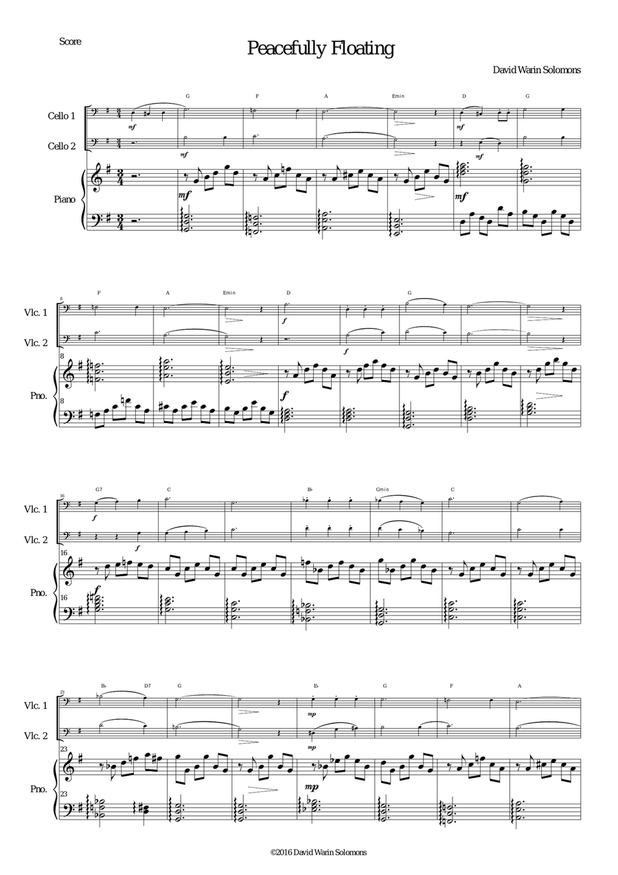 Peacefully Floating for 2 cellos and piano (and optional guitar chords) Piano scores gallery preview page 1