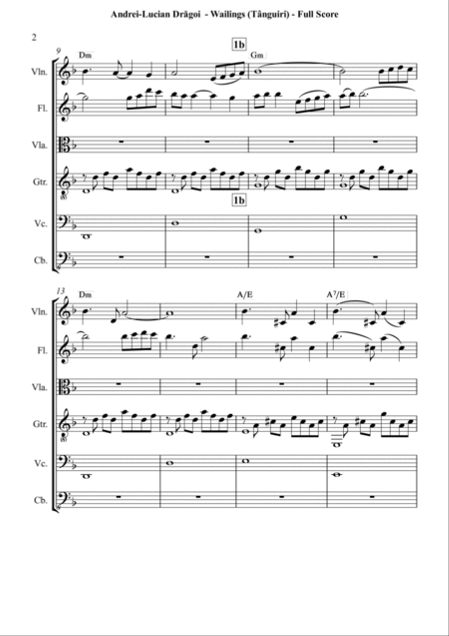 Wailings (Tânguiri) - miniature for violin, flute, viola, guitar (/piano/harp) cello and bass sexte Clarinet scores gallery preview page 2