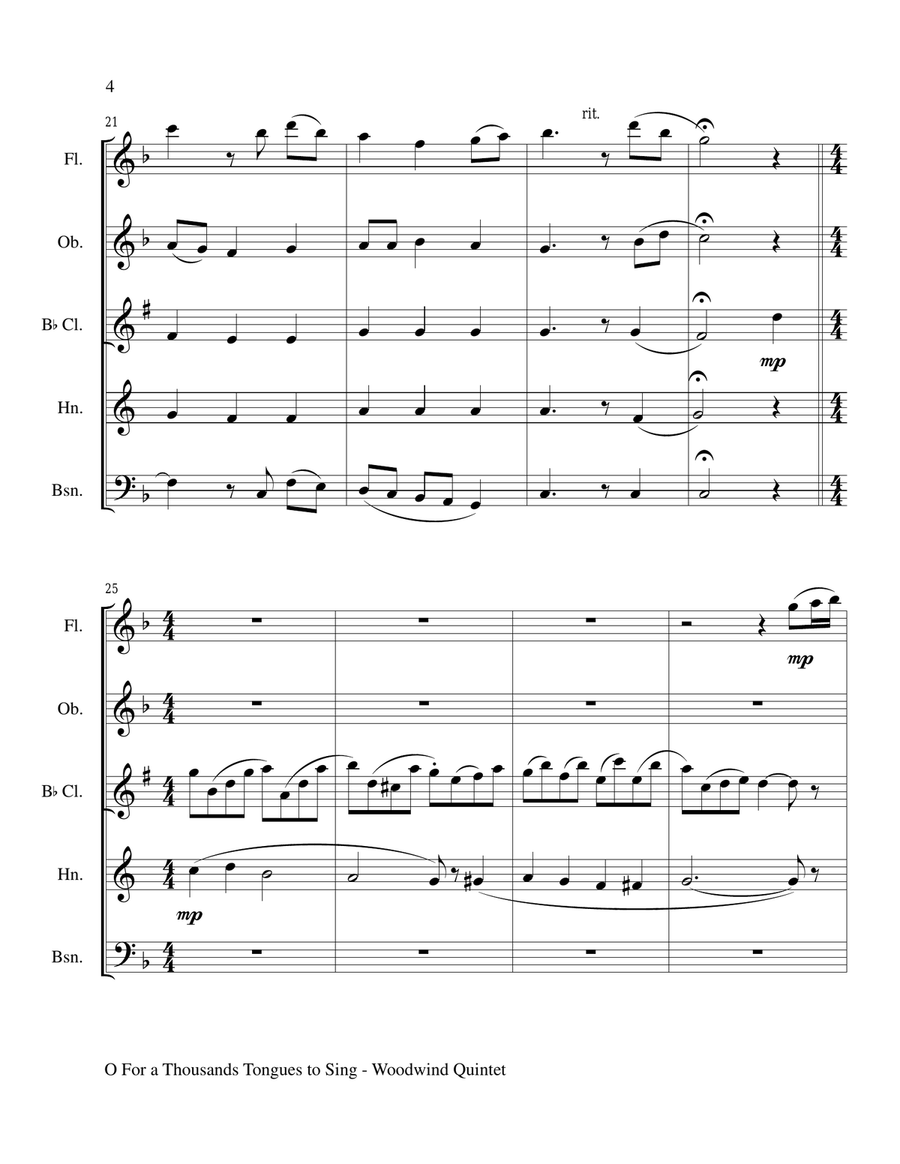 O FOR A THOUSAND TONGUES TO SING (Woodwind Quintet - Flute..Oboe..Bb Clarinet..Horn and Bassoon) Woodwind Quintet scores gallery preview page 4