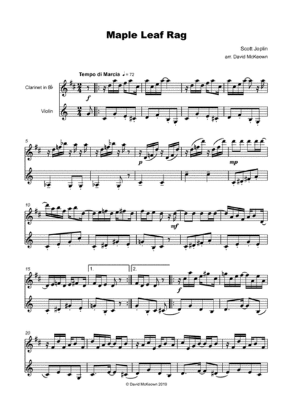 Maple Leaf Rag, by Scott Joplin, Clarinet and Violin Duet