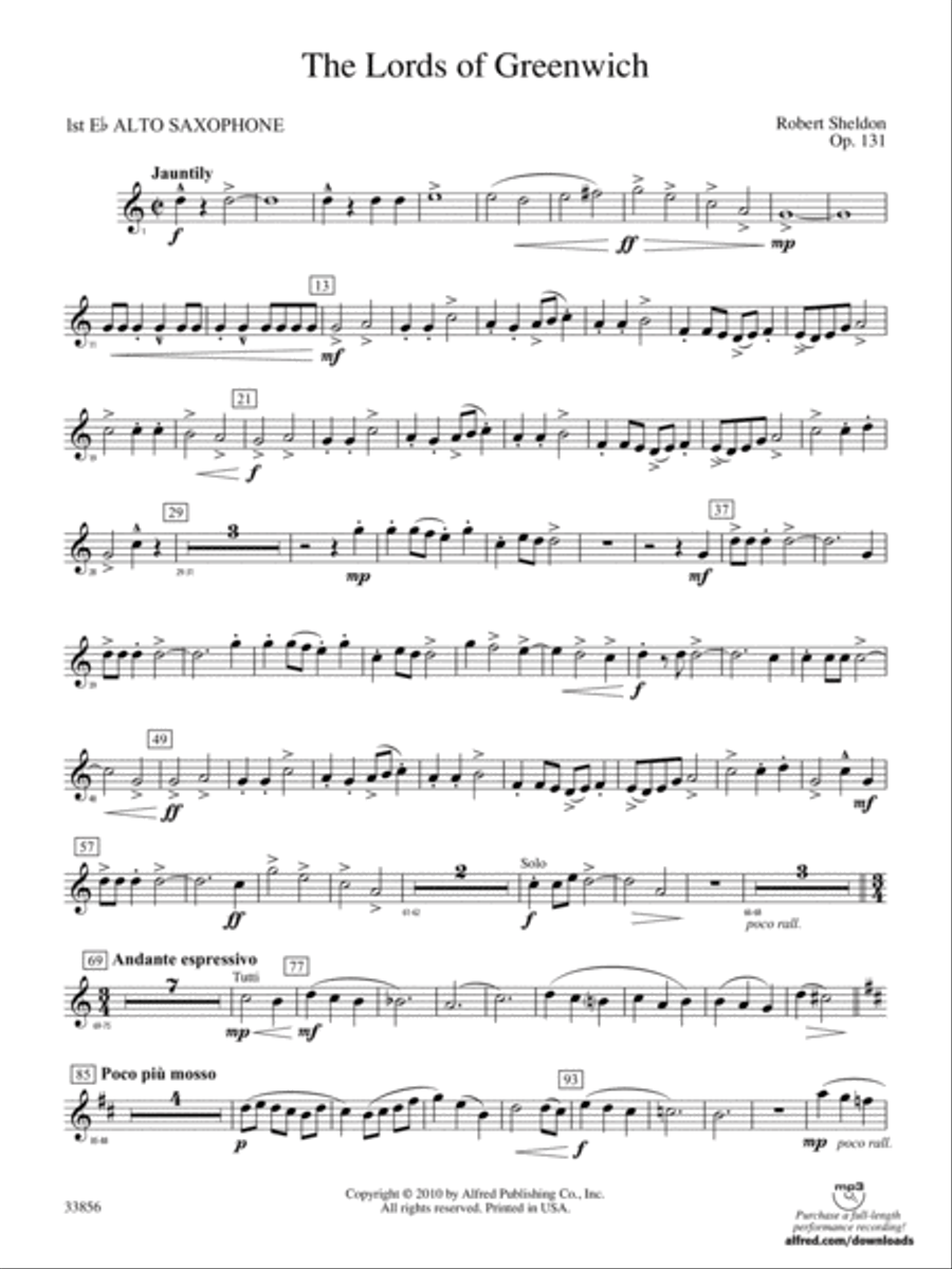 The Lords of Greenwich: E-flat Alto Saxophone Concert Band scores gallery preview page 1