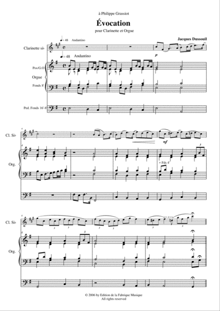 Jacques Dussouil: Évocation for Bb clarinet and organ Woodwind Duet scores gallery preview page 2