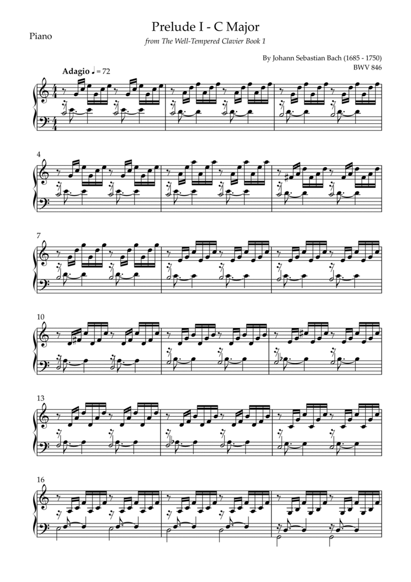 Prelude 1 in C Major BWV 846 (from Well-Tempered Clavier Book 1) for Piano Solo