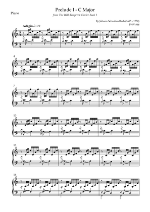 Prelude 1 in C Major BWV 846 (from Well-Tempered Clavier Book 1) for Piano Solo
