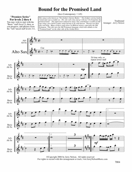 Bound for the Promised Land (Arrangements Level 2-4 for ALTO SAX + Written Accomp) image number null