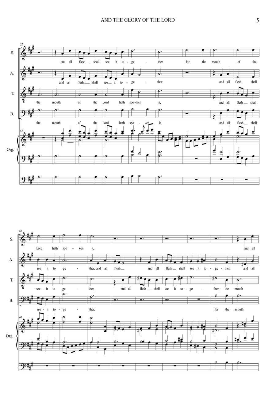 AND THE GLORY OF THE LORD - Messiah - For SATB Choir and Organ (in A and in G) 4-Part scores gallery preview page 5