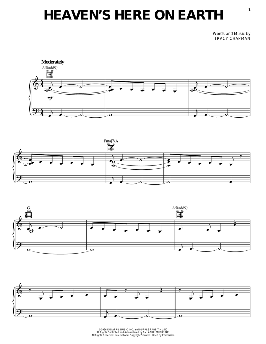 Heaven's Here On Earth Piano, Vocal, Guitar scores gallery preview page 1