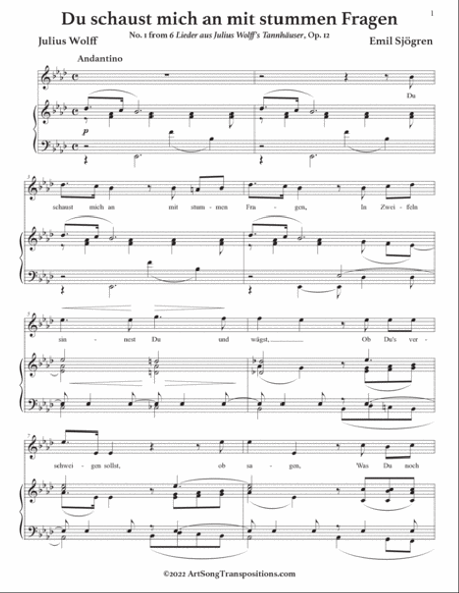 SJÖGREN: Du schaust mich an mit stummen Fragen, Op. 12 no. 1 (transposed to A-flat major) Voice scores gallery preview page 2