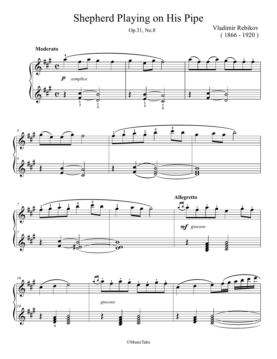 Rebikov Shepherd Playing on His Pipe Easy Piano scores gallery preview page 1