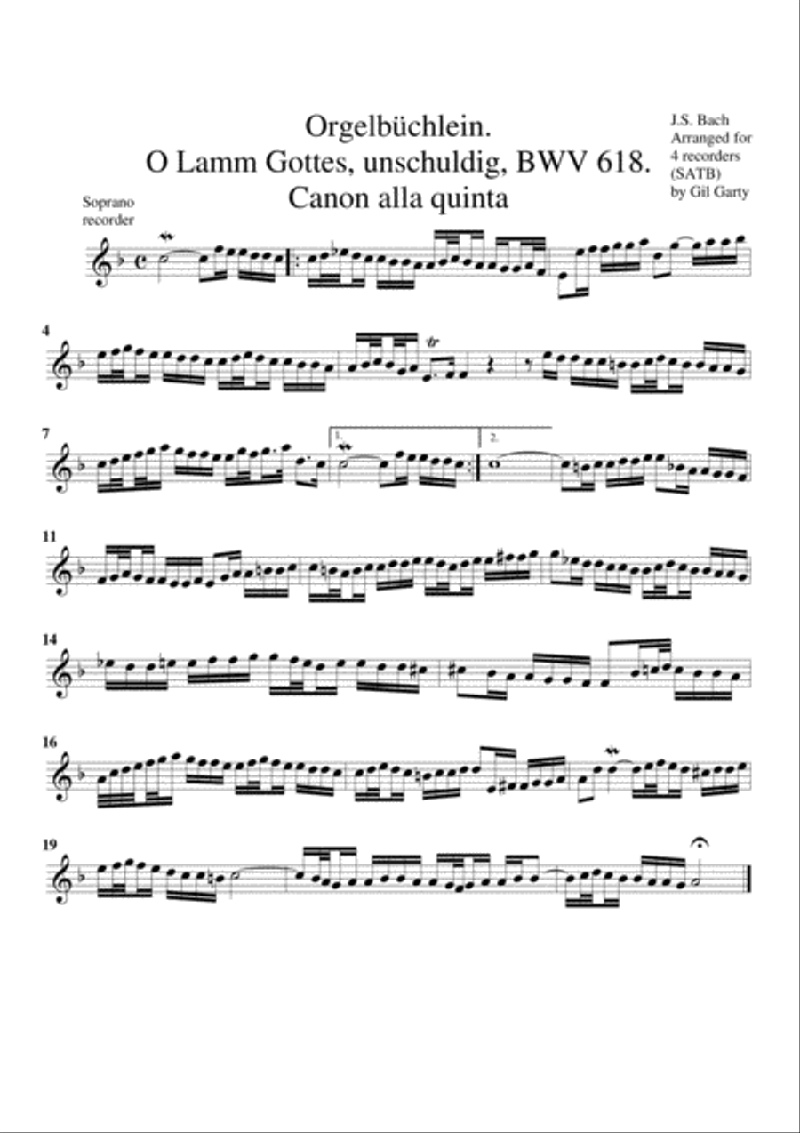 O Lamm Gottes, unschuldig, BWV 618 from Orgelbuechlein (arrangement for 4 recorders) Recorder scores gallery preview page 3