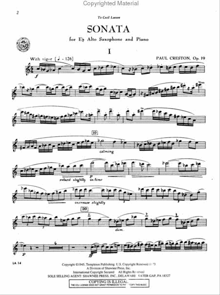 Sonata, Opus 19 for Eb Alto Saxophone