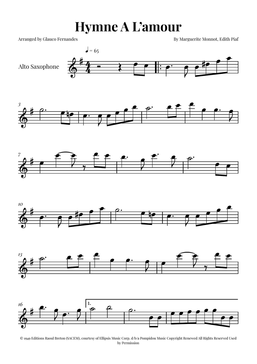 Hymne A L'amour Alto Saxophone scores gallery preview page 1