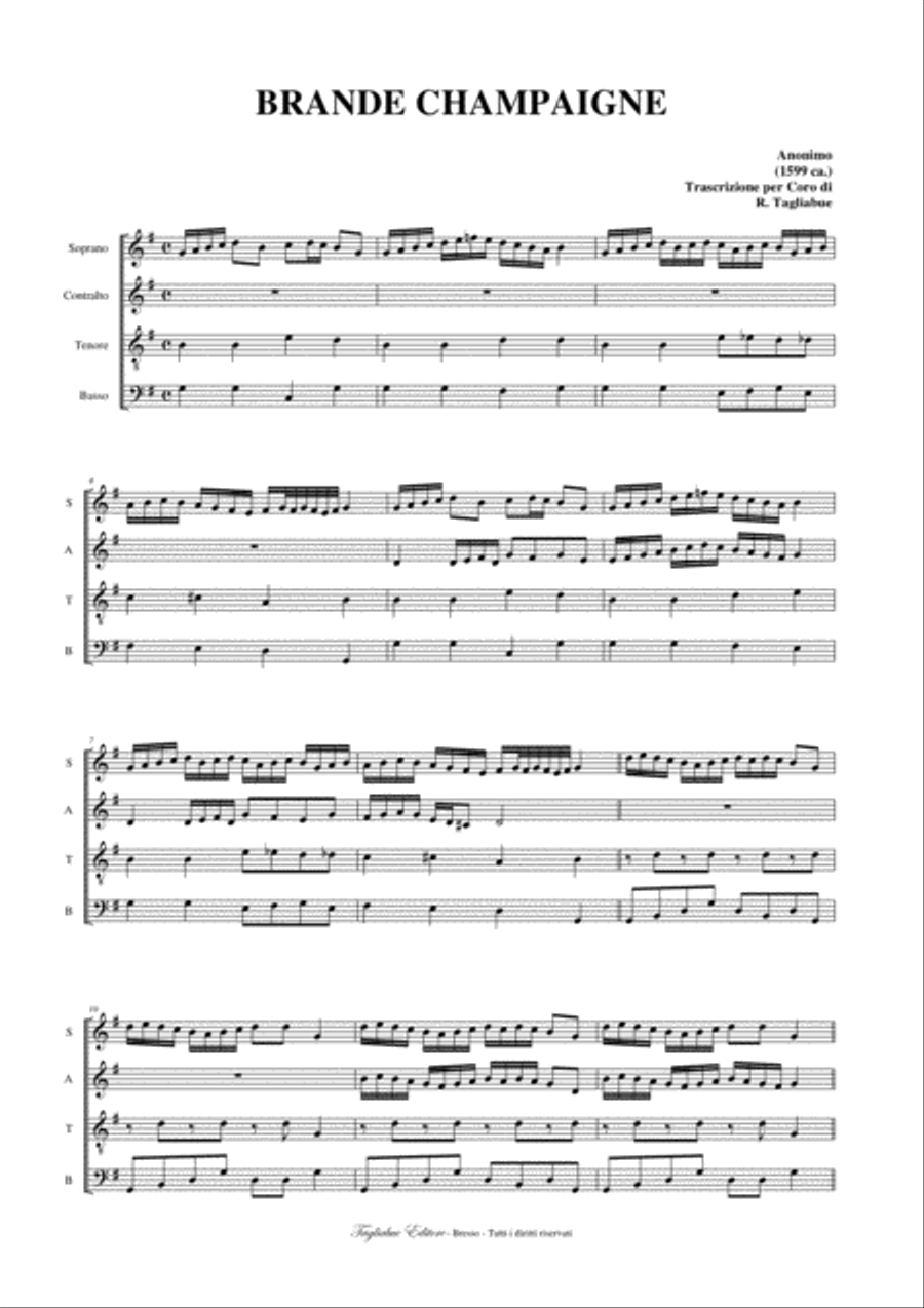 BRANDE CHAMPAGNJE - Anonymous 1599 - Arr. for SATB Choir 4-Part scores gallery preview page 1