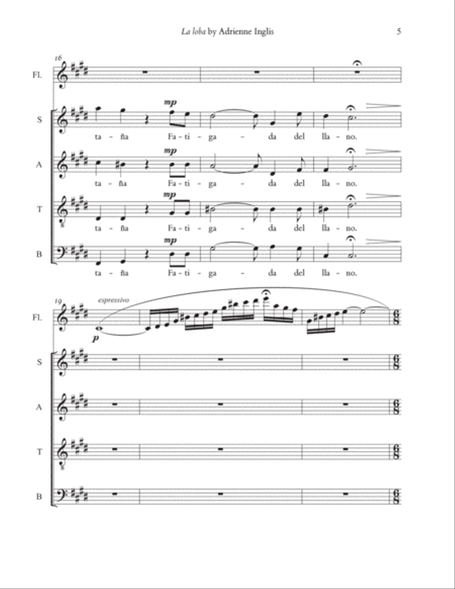 La loba (The Wolf) for SATB and flute 4-Part scores gallery preview page 5