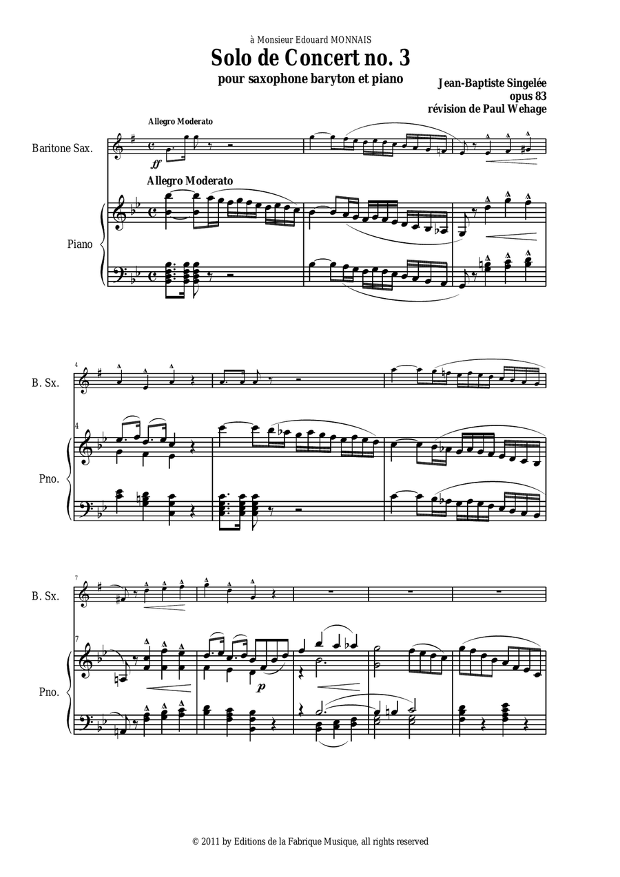 Jean-Baptiste Singelée Solo de Concert no. 3, Opus 83 for baritone saxophone and piano