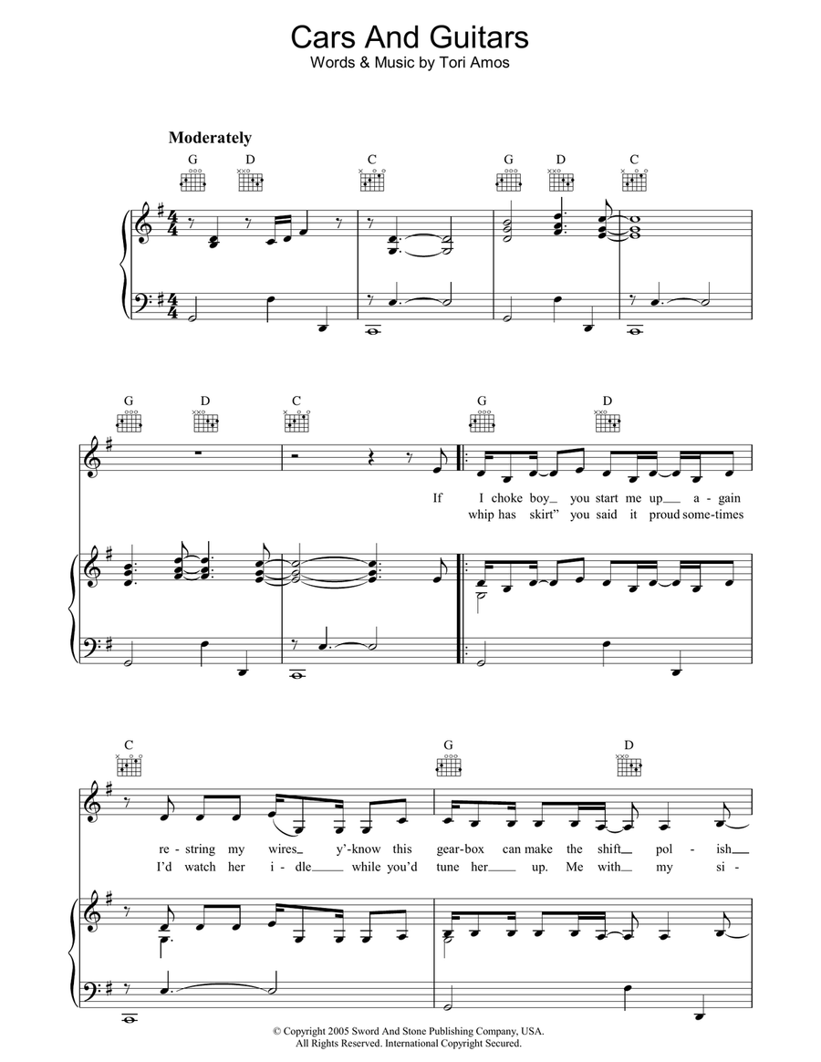 Cars And Guitars Piano, Vocal, Guitar scores gallery preview page 1