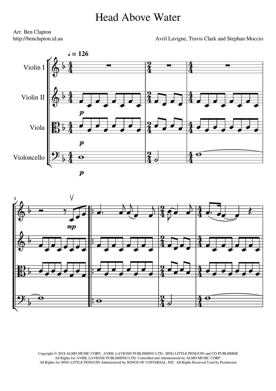 Head Above Water String Quartet scores gallery preview page 1