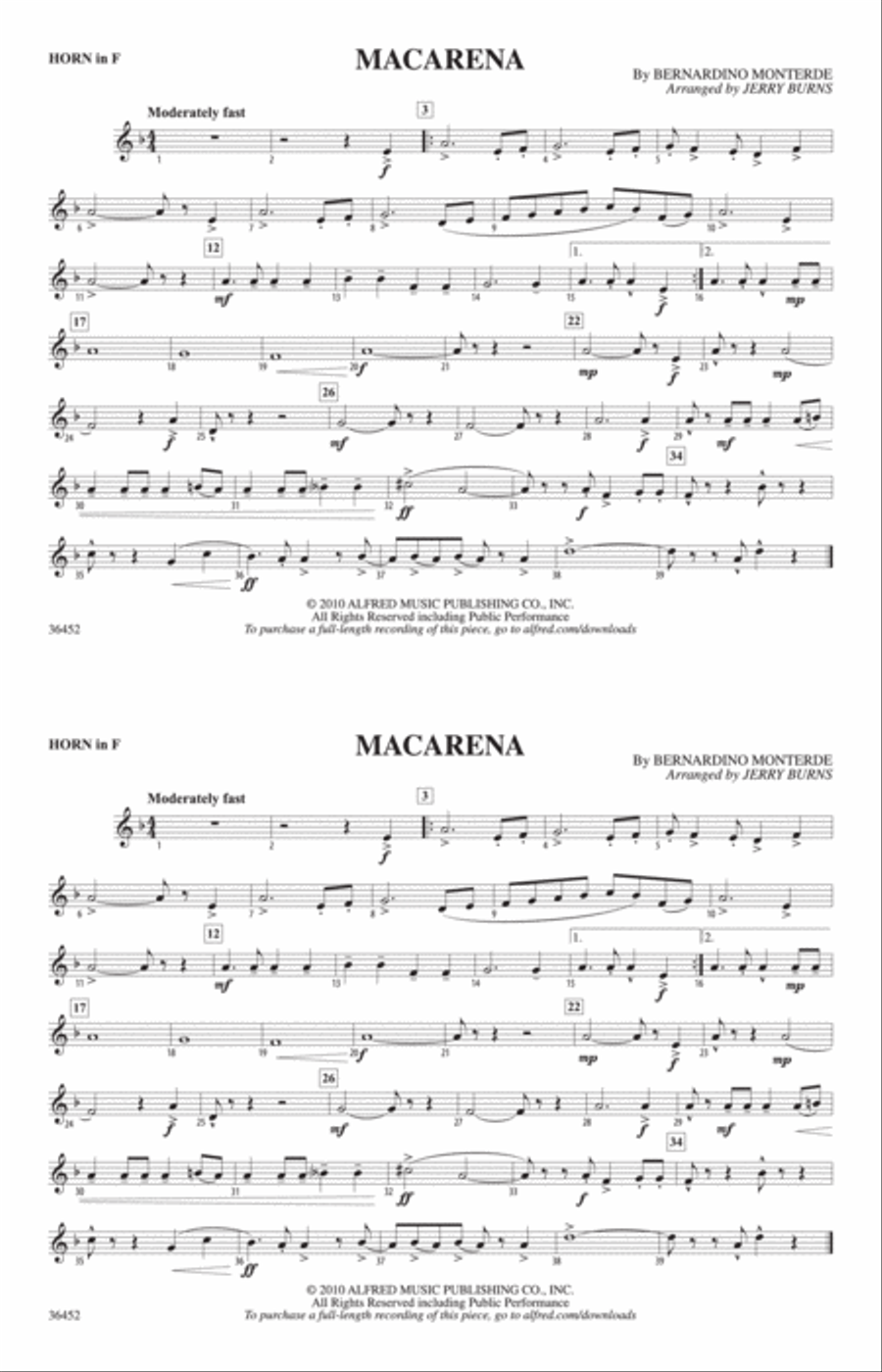 Macarena: 1st F Horn Macarena: 1st F Horn Marching Band scores gallery preview page 1