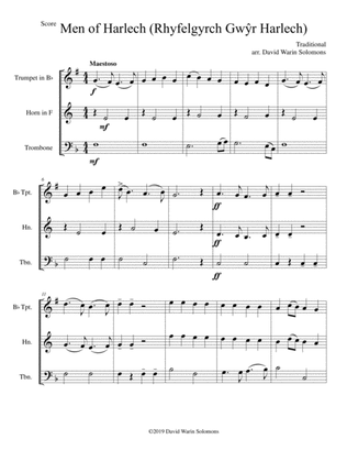 Book cover for Men of Harlech (Rhyfelgyrch Gwŷr Harlech) for brass trio (trumpet, horn, trombone)