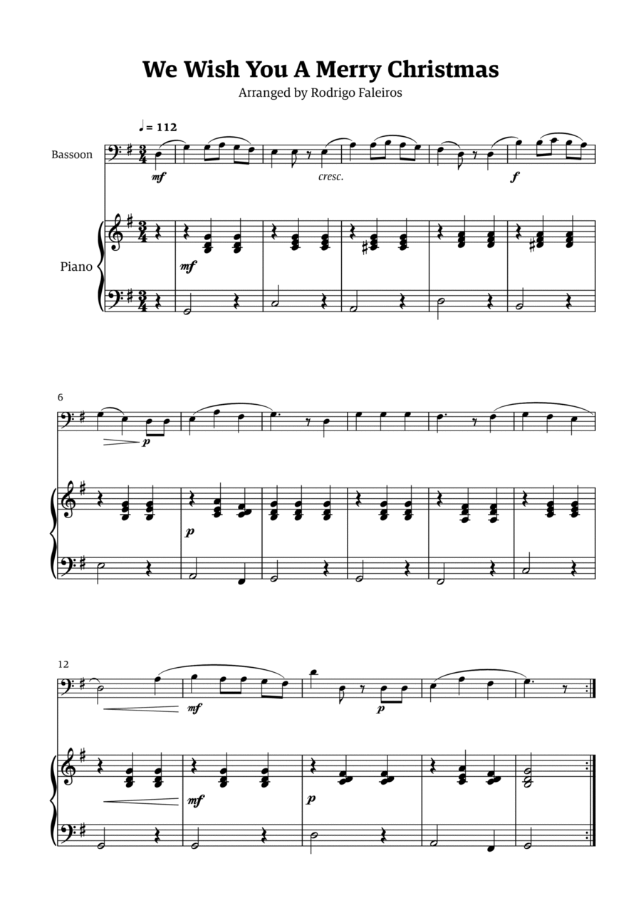 We Wish You a Merry Christmas (for solo bassoon with piano accompaniment) Bassoon Solo scores gallery preview page 1
