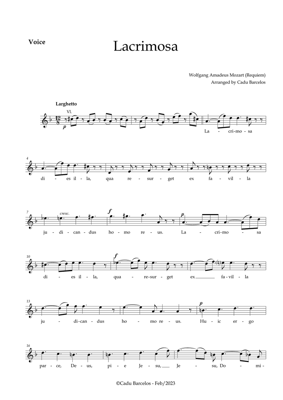 Lacrimosa - Soprano (No chords) Mozart Piano scores gallery preview page 1