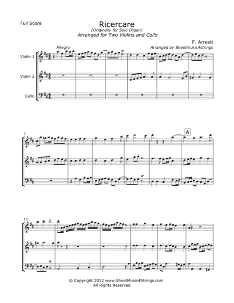 Arresti, F. - Ricercare for Two Violins and Cello String Trio scores gallery preview page 1