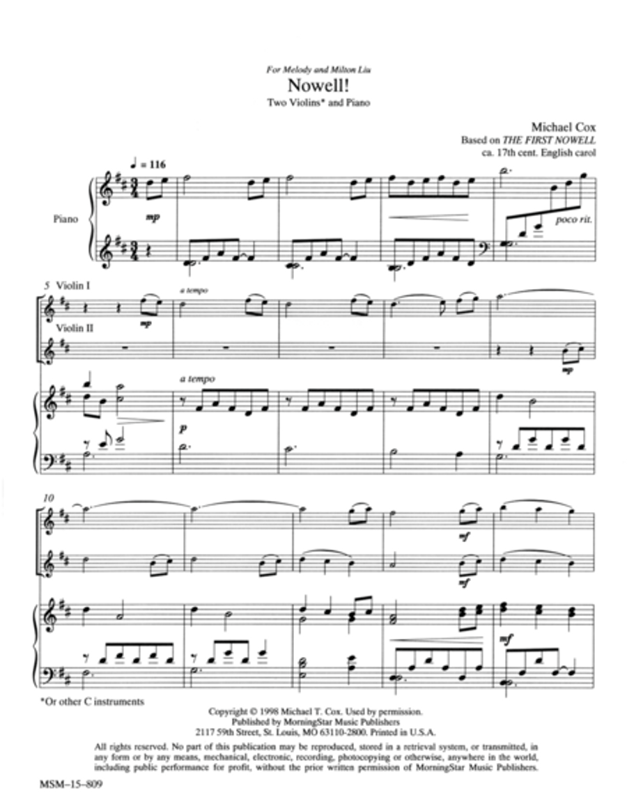 Nowell for Two Violins and Piano Violin scores gallery preview page 1