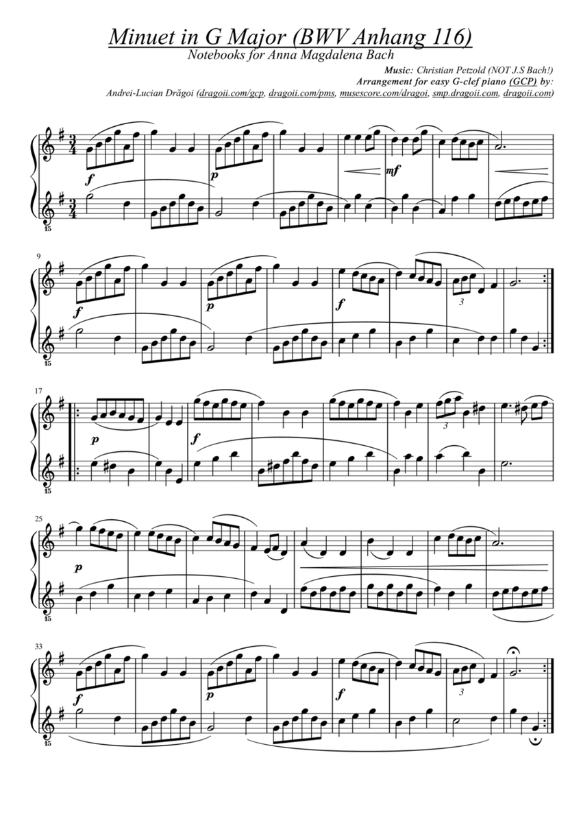 Petzold (NOT Bach!) - Minuet in G Major (BWV Anhang 116) - G-clef piano/harp (GCP/GCH) arrangement image number null
