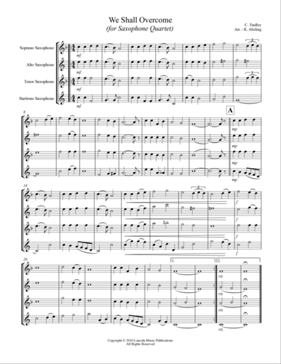 We Shall Overcome (for Saxophone Quartet SATB or AATB) Saxophone Quartet scores gallery preview page 2