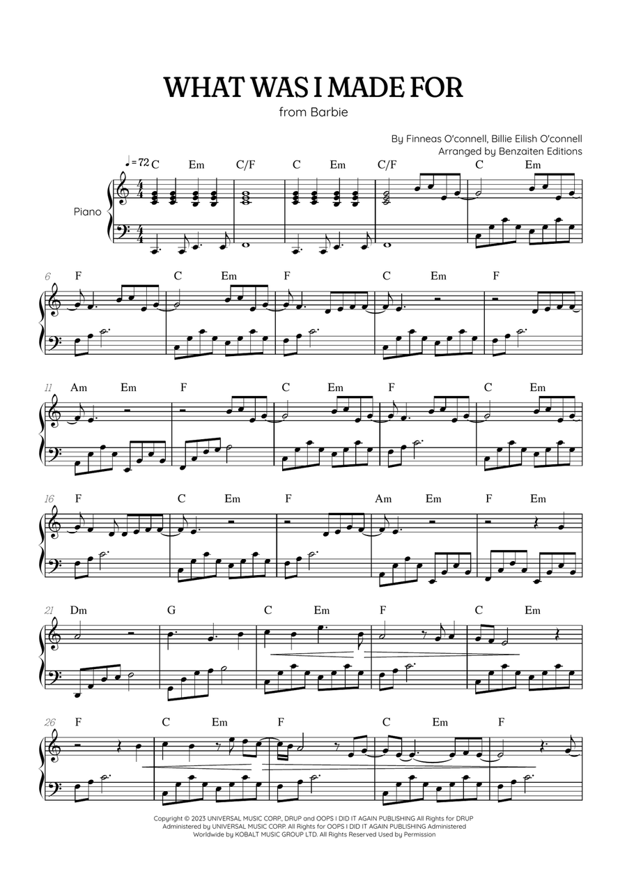 What Was I Made For? Piano Solo scores gallery preview page 1
