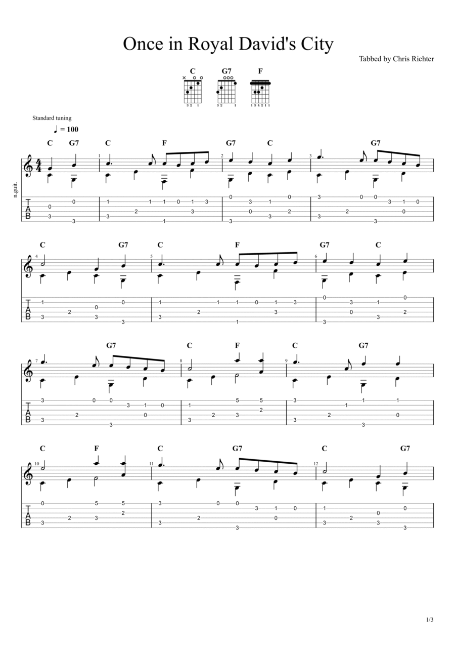 Once in Royal David's City Guitar Tablature scores gallery preview page 1