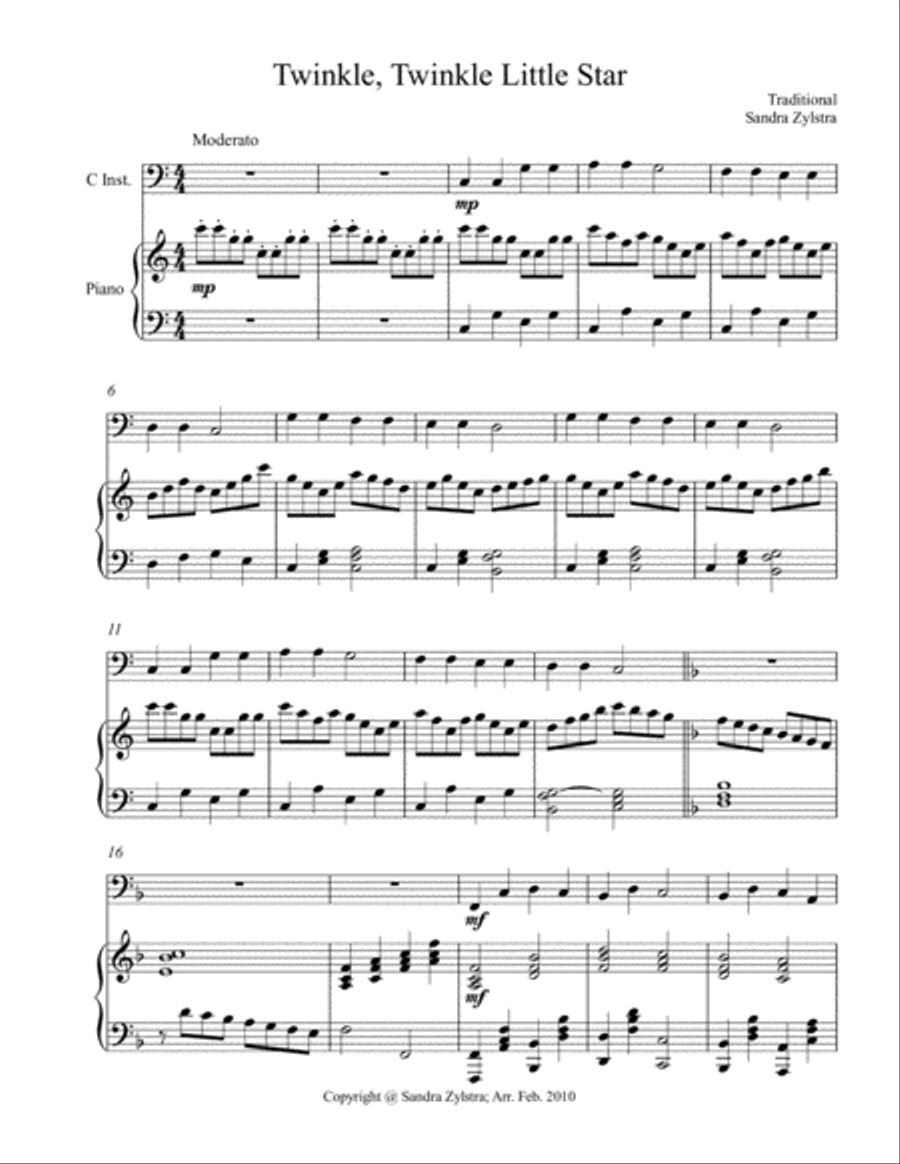 Twinkle, Twinkle Little Star (bass C instrument solo) Small Ensemble scores gallery preview page 2