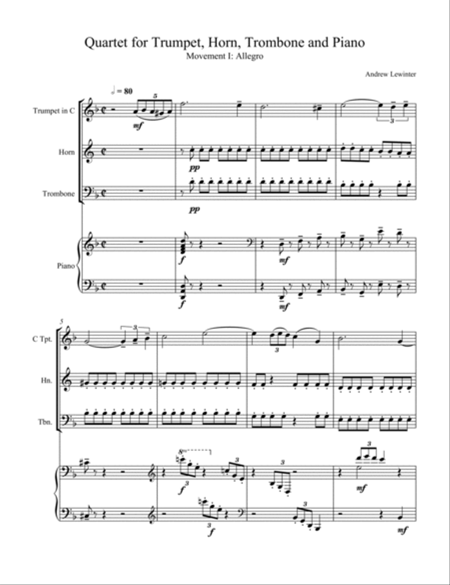 Quartet for Trumpet, Horn, Trombone, and Piano Horn scores gallery preview page 2