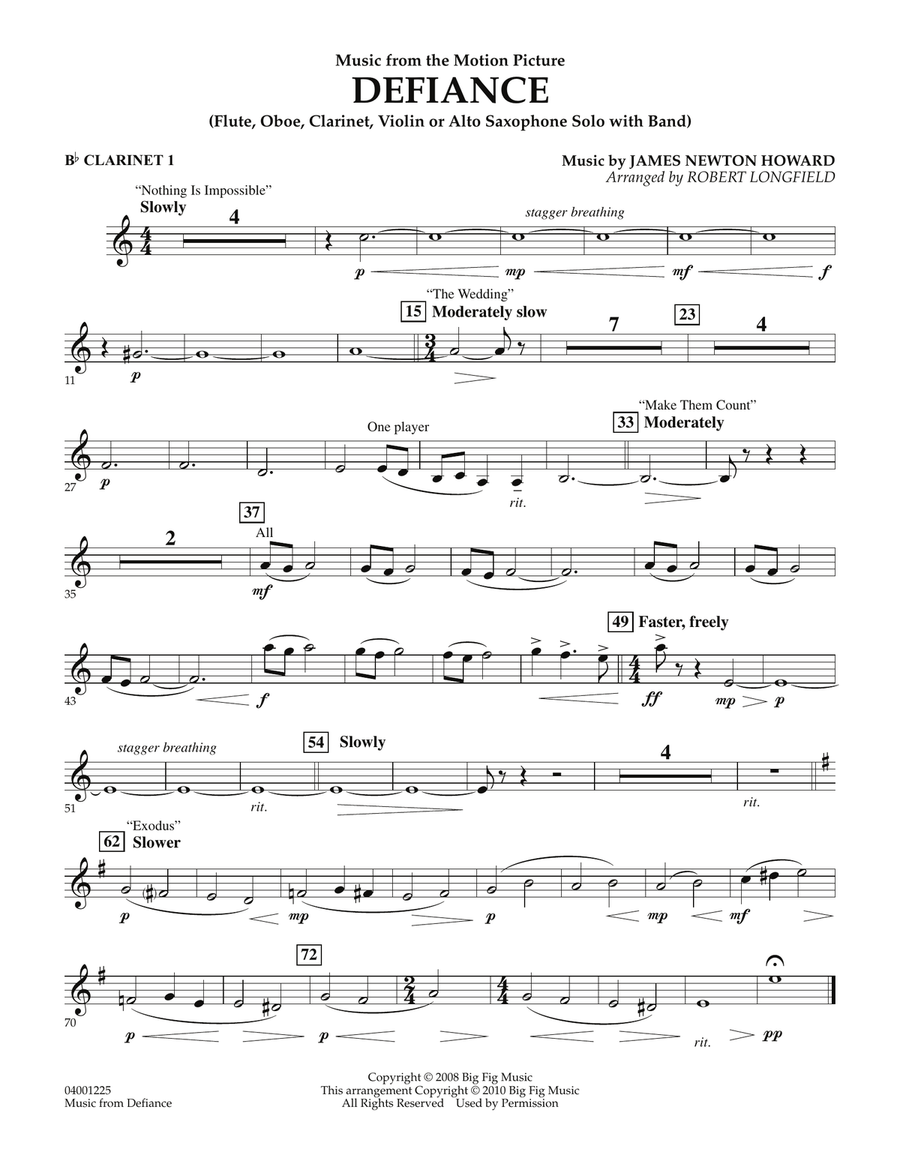 Music from Defiance - Bb Clarinet 1 Concert Band scores gallery preview page 1