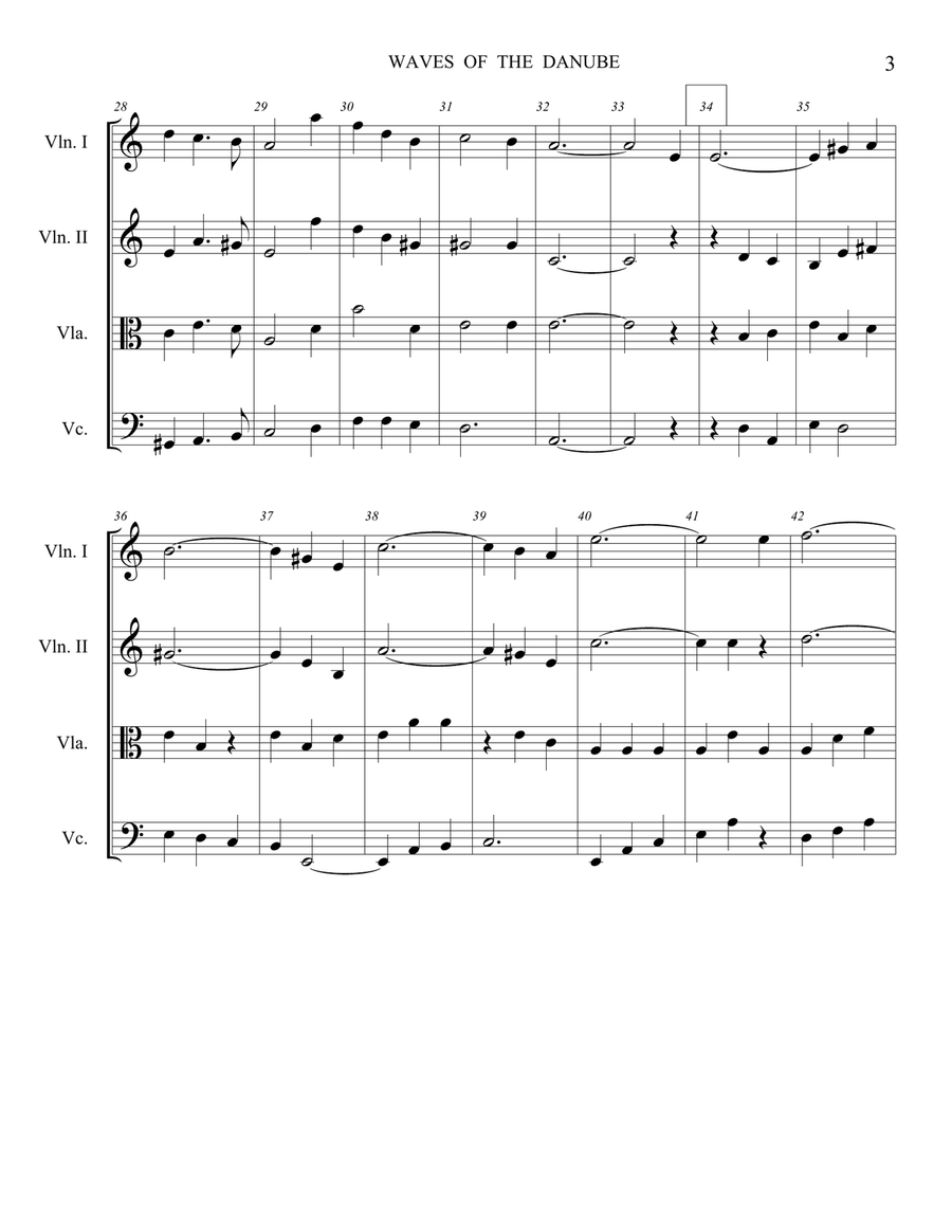 Waves of the Danube arranged for level 3 players. four part string ensemble 4-Part scores gallery preview page 3