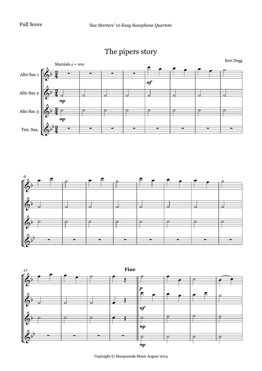 Sax Starters; 10 Easy AAAT/SAAT Sax Quartets for beginners (includes optional Bb sop/Clarinet part) Saxophone Quartet scores gallery preview page 1