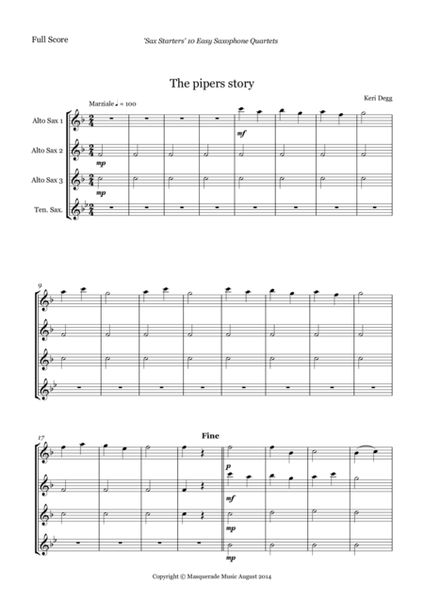 Sax Starters; 10 Easy AAAT/SAAT Sax Quartets for beginners (includes optional Bb sop/Clarinet part) image number null